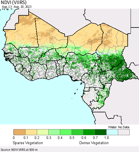 Western Africa NDVI (VIIRS) Thematic Map For 8/13/2023 - 8/20/2023