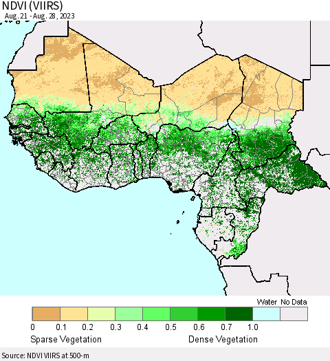 Western Africa NDVI (VIIRS) Thematic Map For 8/21/2023 - 8/28/2023
