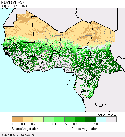 Western Africa NDVI (VIIRS) Thematic Map For 8/29/2023 - 9/5/2023