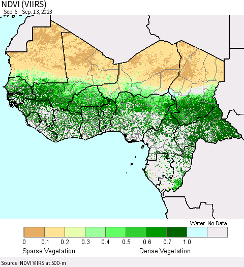 Western Africa NDVI (VIIRS) Thematic Map For 9/6/2023 - 9/13/2023