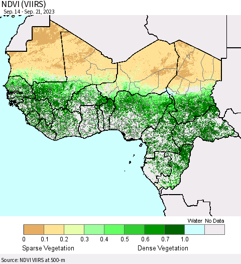 Western Africa NDVI (VIIRS) Thematic Map For 9/14/2023 - 9/21/2023
