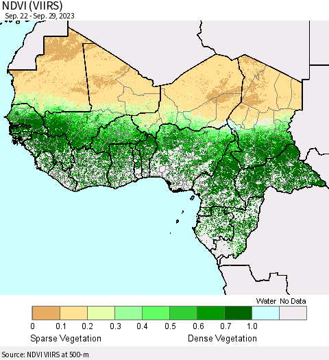 Western Africa NDVI (VIIRS) Thematic Map For 9/22/2023 - 9/29/2023
