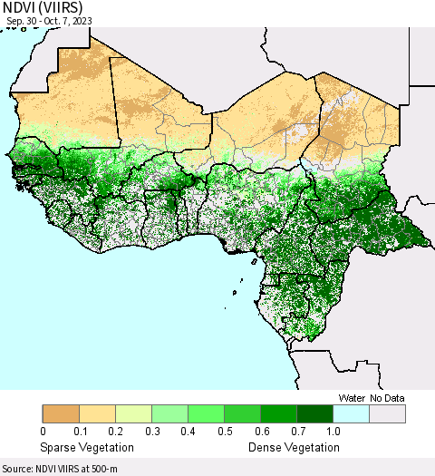 Western Africa NDVI (VIIRS) Thematic Map For 9/30/2023 - 10/7/2023