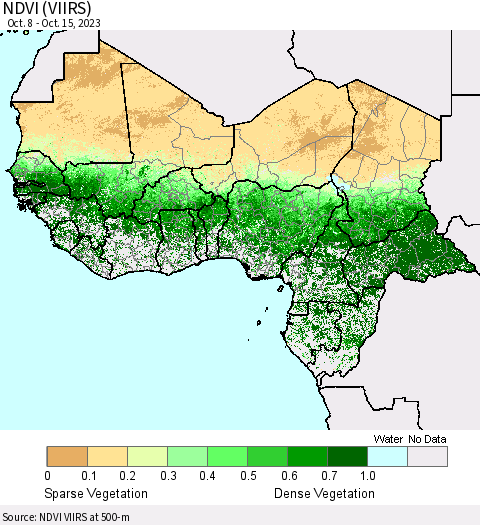 Western Africa NDVI (VIIRS) Thematic Map For 10/8/2023 - 10/15/2023