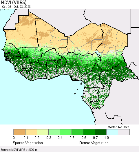 Western Africa NDVI (VIIRS) Thematic Map For 10/16/2023 - 10/23/2023