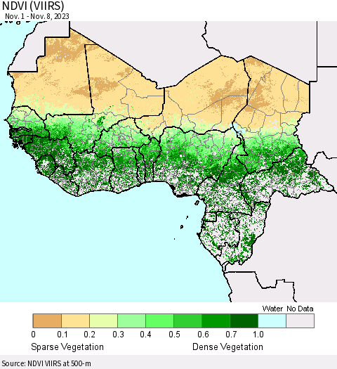 Western Africa NDVI (VIIRS) Thematic Map For 11/1/2023 - 11/8/2023