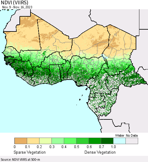 Western Africa NDVI (VIIRS) Thematic Map For 11/9/2023 - 11/16/2023