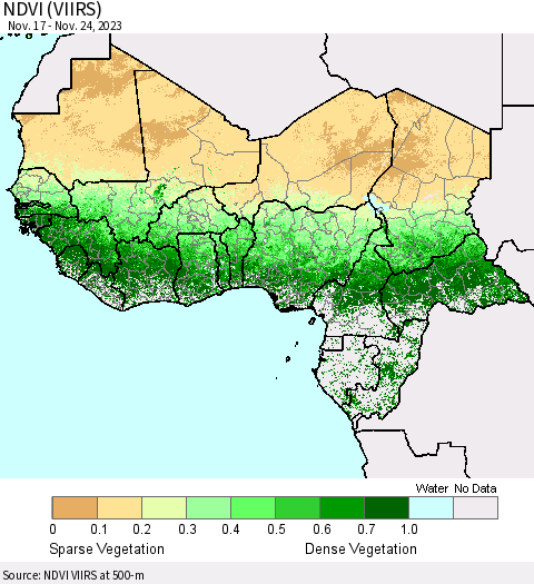 Western Africa NDVI (VIIRS) Thematic Map For 11/17/2023 - 11/24/2023