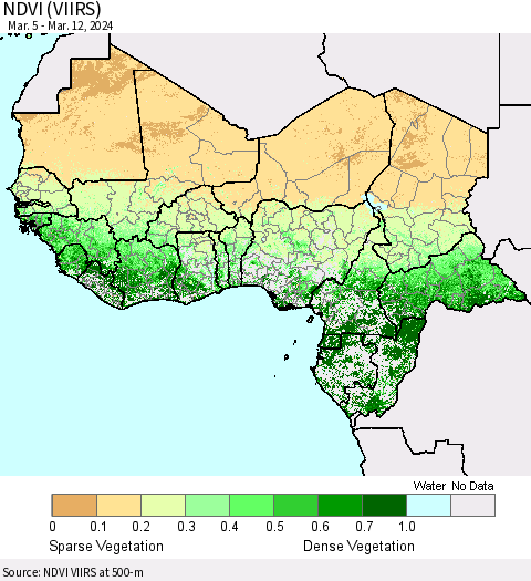 Western Africa NDVI (VIIRS) Thematic Map For 3/5/2024 - 3/12/2024