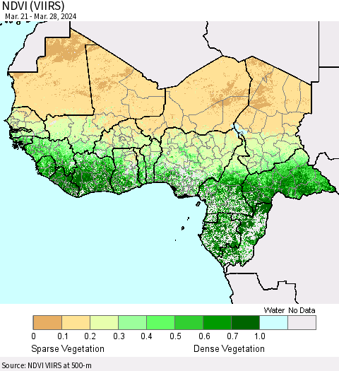 Western Africa NDVI (VIIRS) Thematic Map For 3/21/2024 - 3/28/2024