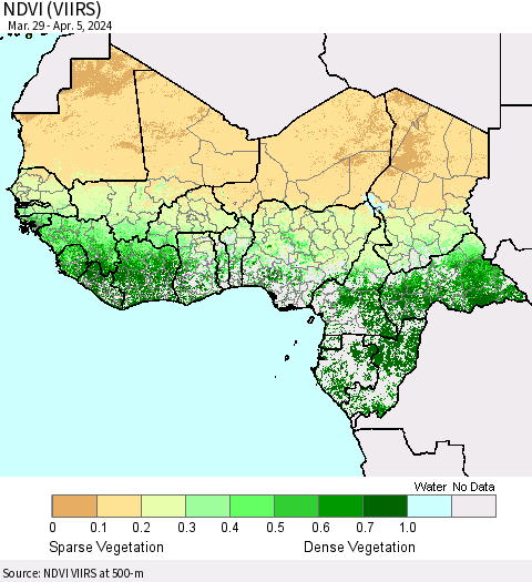 Western Africa NDVI (VIIRS) Thematic Map For 3/29/2024 - 4/5/2024