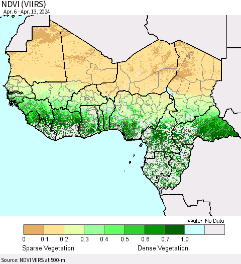 Western Africa NDVI (VIIRS) Thematic Map For 4/6/2024 - 4/13/2024
