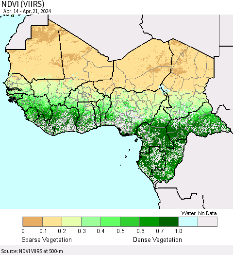 Western Africa NDVI (VIIRS) Thematic Map For 4/14/2024 - 4/21/2024