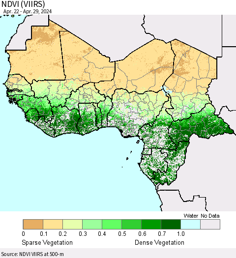 Western Africa NDVI (VIIRS) Thematic Map For 4/22/2024 - 4/29/2024