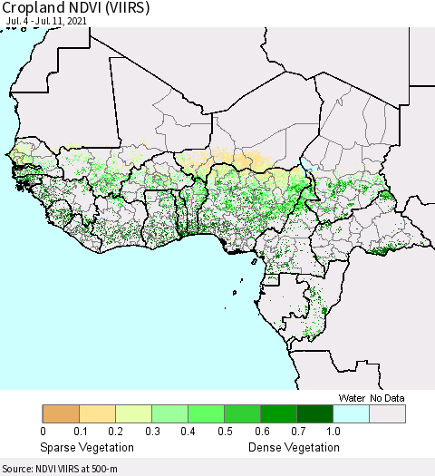Western Africa Cropland NDVI (VIIRS) Thematic Map For 7/4/2021 - 7/11/2021