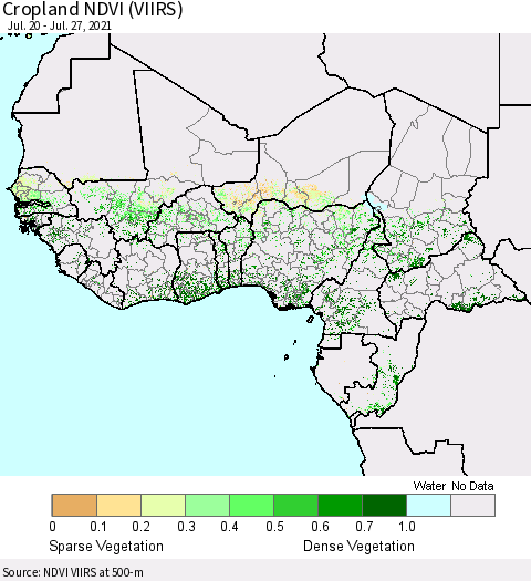 Western Africa Cropland NDVI (VIIRS) Thematic Map For 7/20/2021 - 7/27/2021