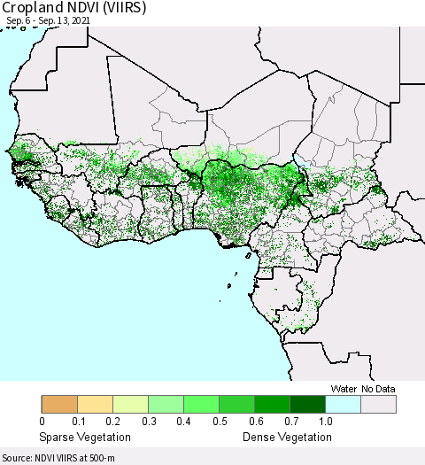 Western Africa Cropland NDVI (VIIRS) Thematic Map For 9/6/2021 - 9/13/2021
