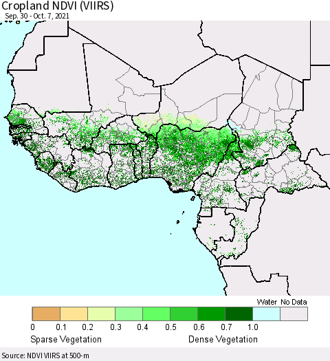 Western Africa Cropland NDVI (VIIRS) Thematic Map For 9/30/2021 - 10/7/2021