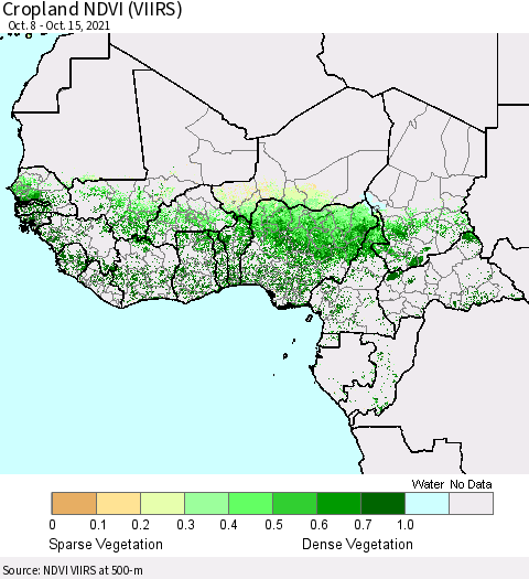 Western Africa Cropland NDVI (VIIRS) Thematic Map For 10/8/2021 - 10/15/2021