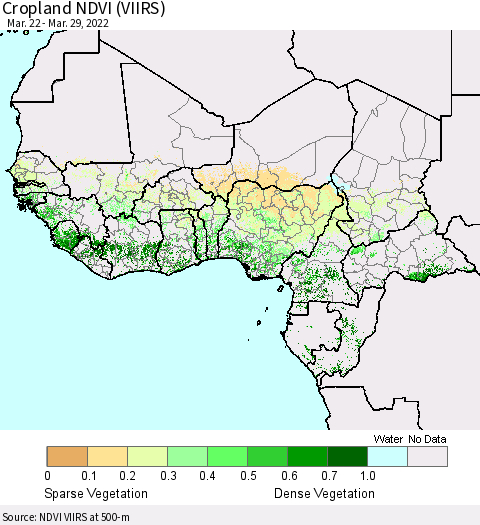 Western Africa Cropland NDVI (VIIRS) Thematic Map For 3/22/2022 - 3/29/2022