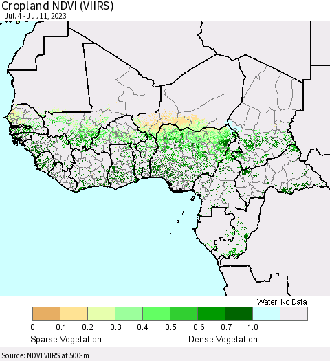 Western Africa Cropland NDVI (VIIRS) Thematic Map For 7/4/2023 - 7/11/2023