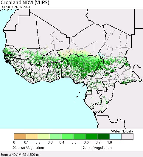 Western Africa Cropland NDVI (VIIRS) Thematic Map For 10/8/2023 - 10/15/2023