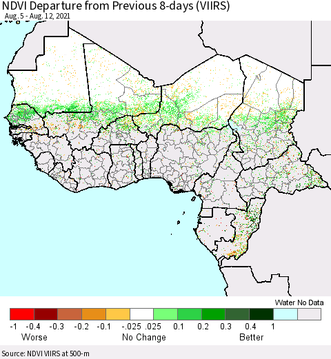 Western Africa NDVI Departure from Previous 8-days (VIIRS) Thematic Map For 8/5/2021 - 8/12/2021