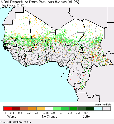 Western Africa NDVI Departure from Previous 8-days (VIIRS) Thematic Map For 8/13/2021 - 8/20/2021
