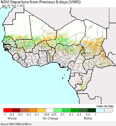Western Africa NDVI Departure from Previous 8-days (VIIRS) Thematic Map For 8/29/2021 - 9/5/2021