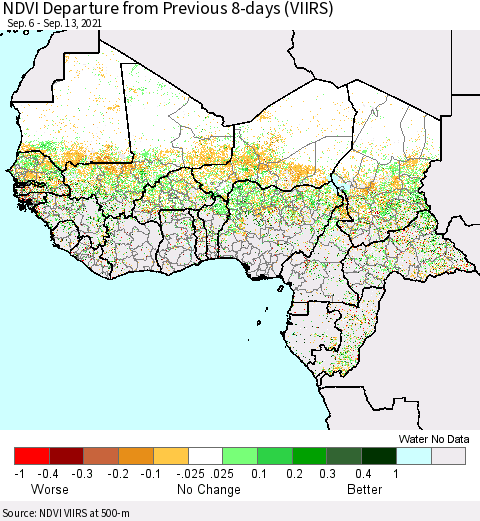 Western Africa NDVI Departure from Previous 8-days (VIIRS) Thematic Map For 9/6/2021 - 9/13/2021