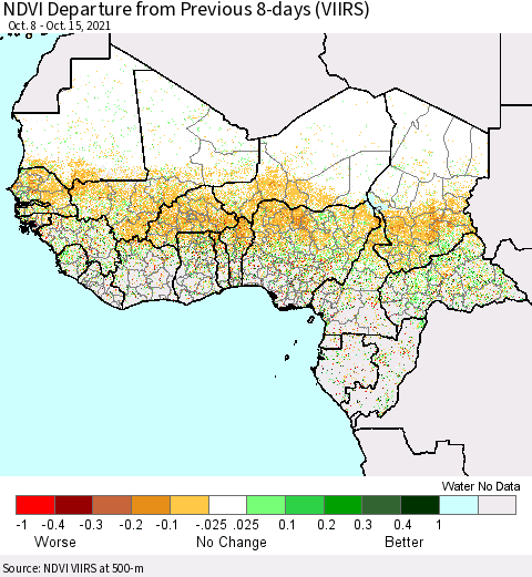 Western Africa NDVI Departure from Previous 8-days (VIIRS) Thematic Map For 10/8/2021 - 10/15/2021