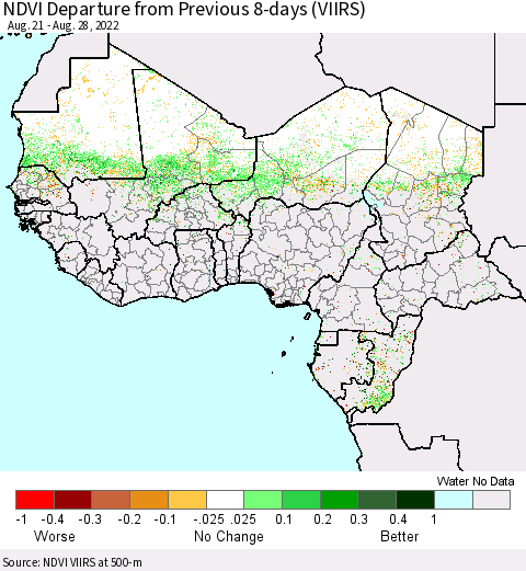 Western Africa NDVI Departure from Previous 8-days (VIIRS) Thematic Map For 8/21/2022 - 8/28/2022