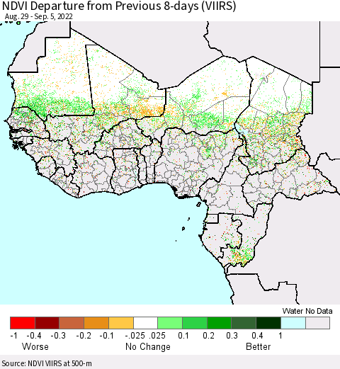 Western Africa NDVI Departure from Previous 8-days (VIIRS) Thematic Map For 8/29/2022 - 9/5/2022