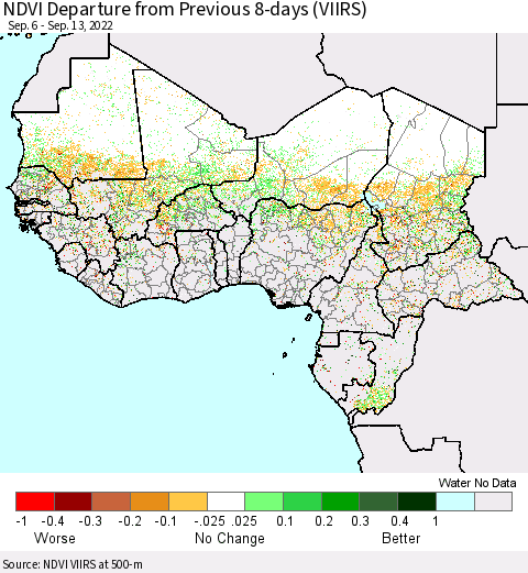 Western Africa NDVI Departure from Previous 8-days (VIIRS) Thematic Map For 9/6/2022 - 9/13/2022