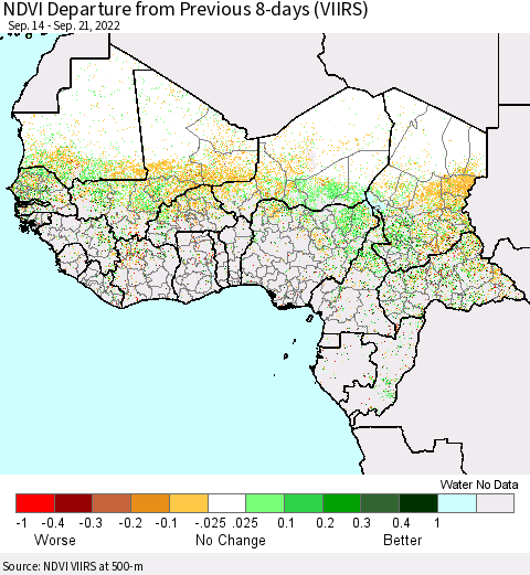 Western Africa NDVI Departure from Previous 8-days (VIIRS) Thematic Map For 9/14/2022 - 9/21/2022