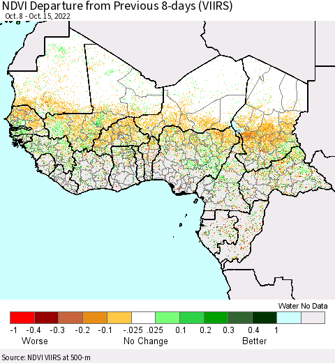 Western Africa NDVI Departure from Previous 8-days (VIIRS) Thematic Map For 10/8/2022 - 10/15/2022