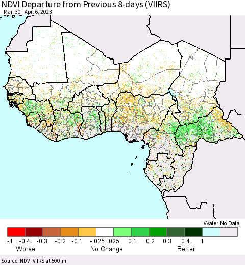 Western Africa NDVI Departure from Previous 8-days (VIIRS) Thematic Map For 3/30/2023 - 4/6/2023