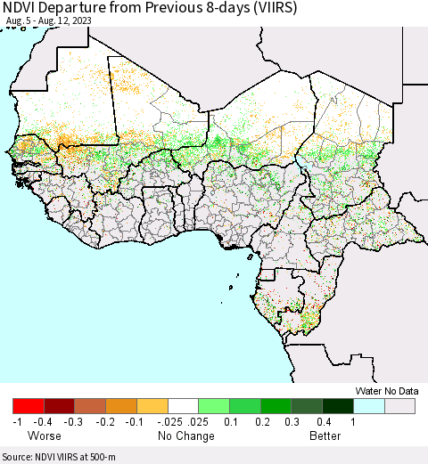 Western Africa NDVI Departure from Previous 8-days (VIIRS) Thematic Map For 8/5/2023 - 8/12/2023
