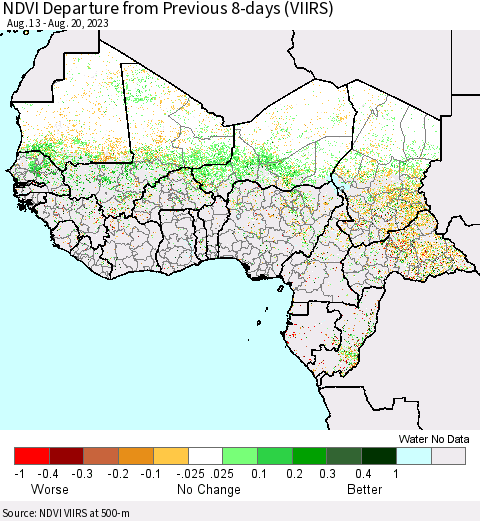 Western Africa NDVI Departure from Previous 8-days (VIIRS) Thematic Map For 8/13/2023 - 8/20/2023