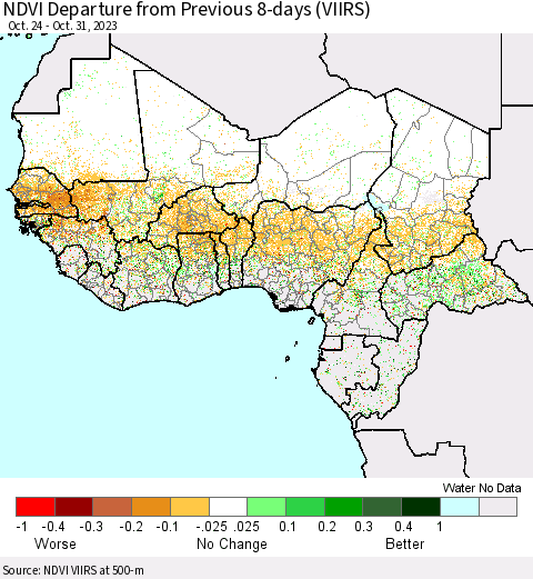 Western Africa NDVI Departure from Previous 8-days (VIIRS) Thematic Map For 10/24/2023 - 10/31/2023