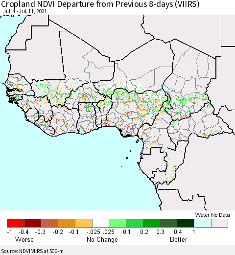 Western Africa Cropland NDVI Departure from Previous 8-days (VIIRS) Thematic Map For 7/4/2021 - 7/11/2021