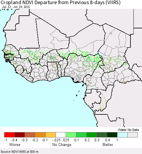 Western Africa Cropland NDVI Departure from Previous 8-days (VIIRS) Thematic Map For 7/12/2021 - 7/19/2021
