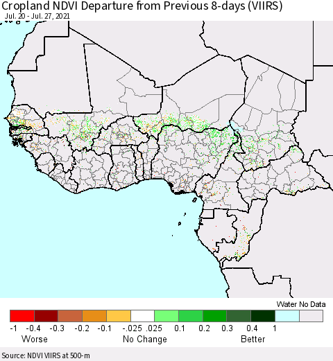 Western Africa Cropland NDVI Departure from Previous 8-days (VIIRS) Thematic Map For 7/20/2021 - 7/27/2021