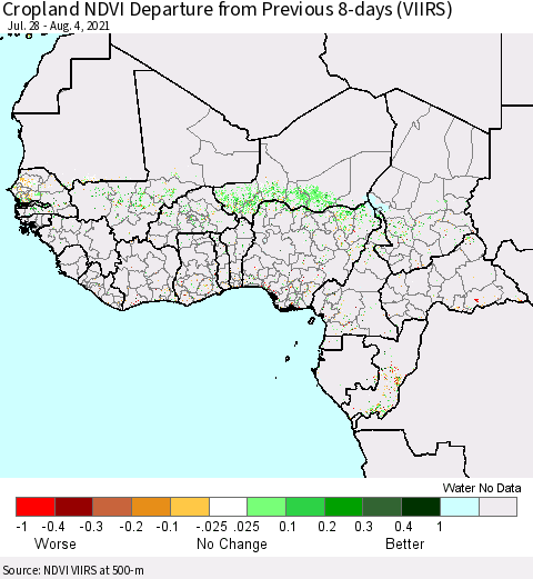 Western Africa Cropland NDVI Departure from Previous 8-days (VIIRS) Thematic Map For 7/28/2021 - 8/4/2021