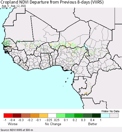 Western Africa Cropland NDVI Departure from Previous 8-days (VIIRS) Thematic Map For 8/5/2021 - 8/12/2021