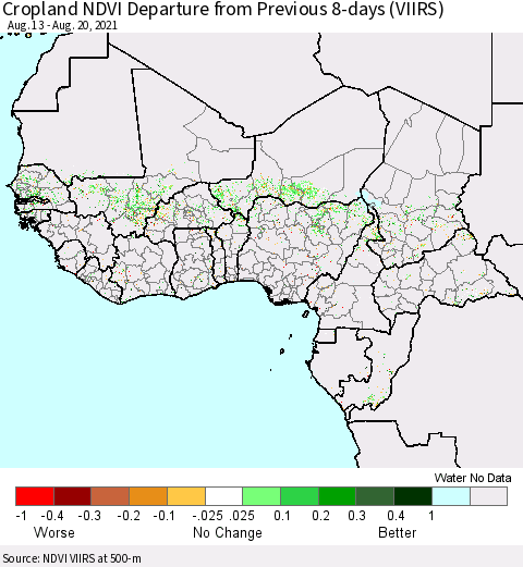 Western Africa Cropland NDVI Departure from Previous 8-days (VIIRS) Thematic Map For 8/13/2021 - 8/20/2021