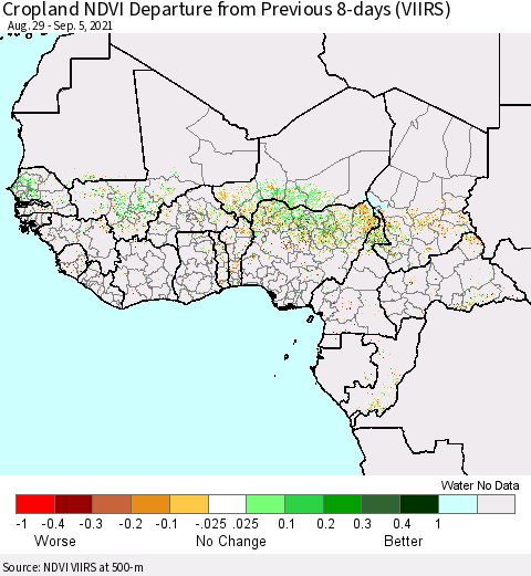 Western Africa Cropland NDVI Departure from Previous 8-days (VIIRS) Thematic Map For 8/29/2021 - 9/5/2021