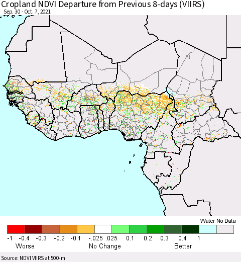 Western Africa Cropland NDVI Departure from Previous 8-days (VIIRS) Thematic Map For 9/30/2021 - 10/7/2021