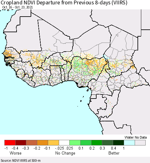 Western Africa Cropland NDVI Departure from Previous 8-days (VIIRS) Thematic Map For 10/16/2021 - 10/23/2021