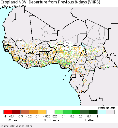 Western Africa Cropland NDVI Departure from Previous 8-days (VIIRS) Thematic Map For 12/11/2021 - 12/18/2021